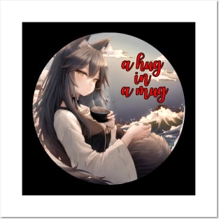 Cute Wolf Girl Drinking Tea with Great Waves on Background Posters and Art